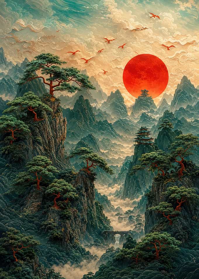 Ethereal Mountain Landscape with Red Sun