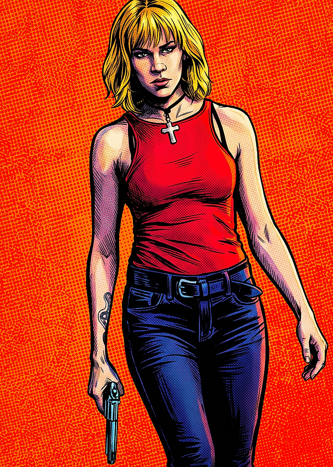 Blonde Woman with Gun Comic Art