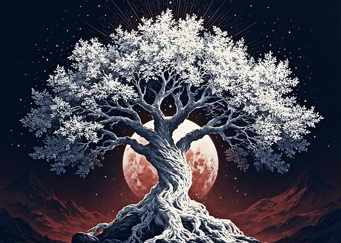 Glowing White Tree Under Red Moon