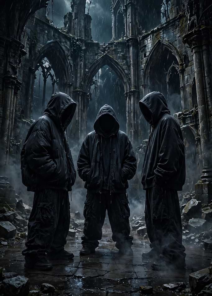 Three Hooded Figures in Gothic Ruins