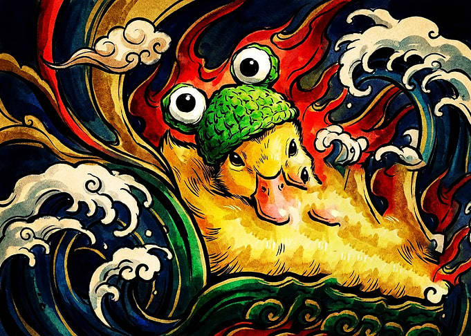 Duck Wearing Frog Hat Ukiyo-e Style
