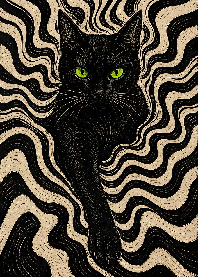 Black Cat with Hypnotic Waves