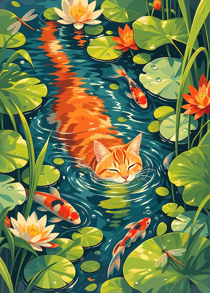 Orange Tabby Cat Swimming in Pond