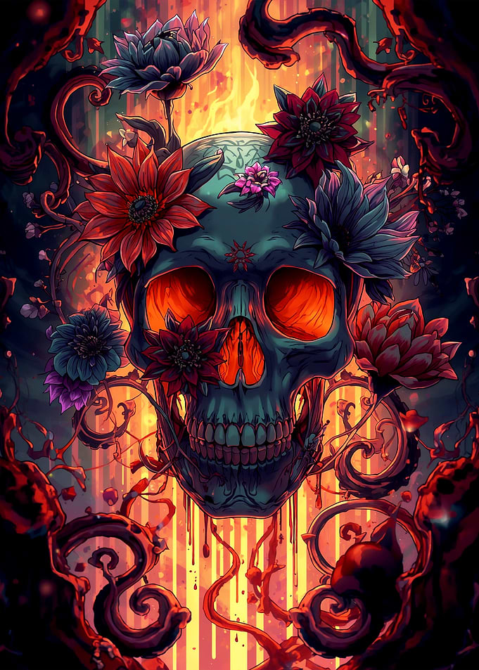 Floral Skull with Fiery Background