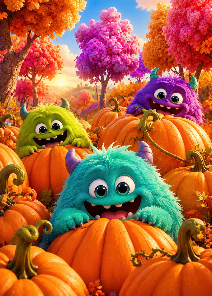 Cute Monsters Playing in Pumpkin Patch