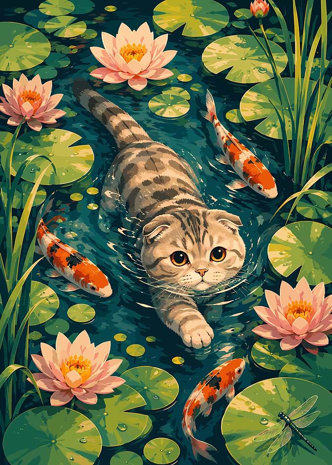 Cute Scottish Fold Cat in Pond