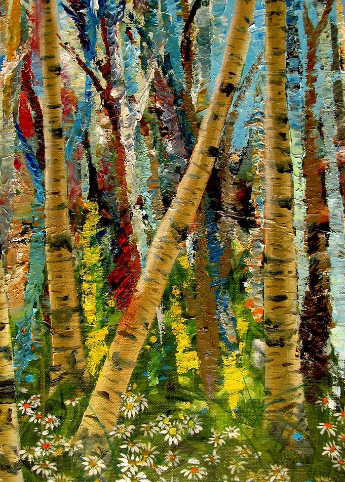 Impressionist Birch Forest with Daisies