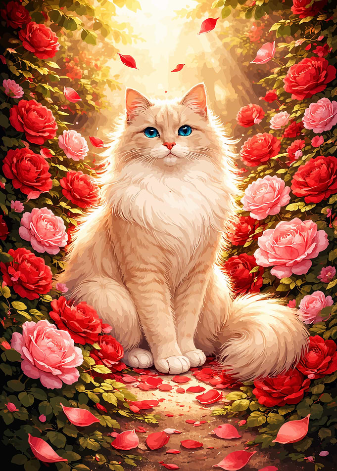 Fluffy Cat Sitting Among Red Roses