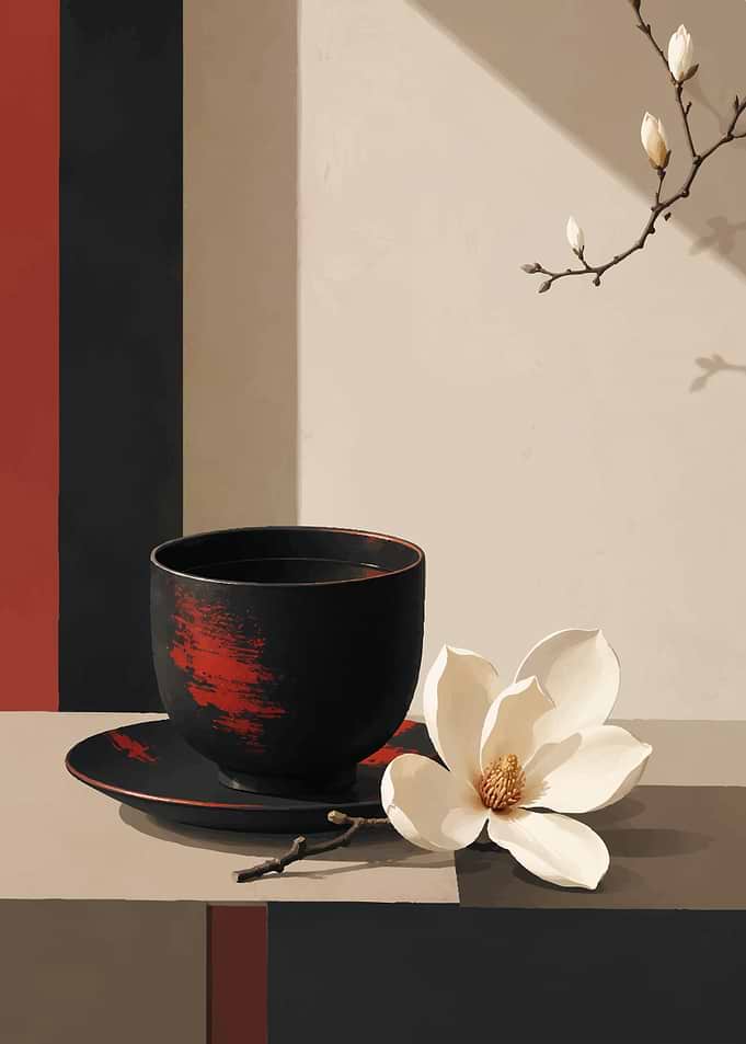 Minimalist Japanese Tea Set and Magnolia
