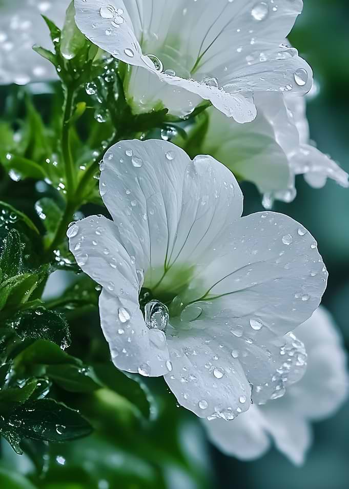 Dew-Covered White Petunia Flowers