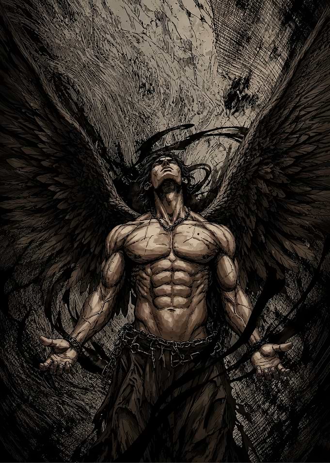 Muscular Fallen Angel with Chains