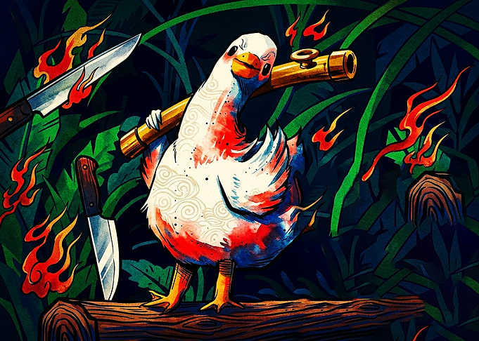 Warrior Duck with Weapons and Fire