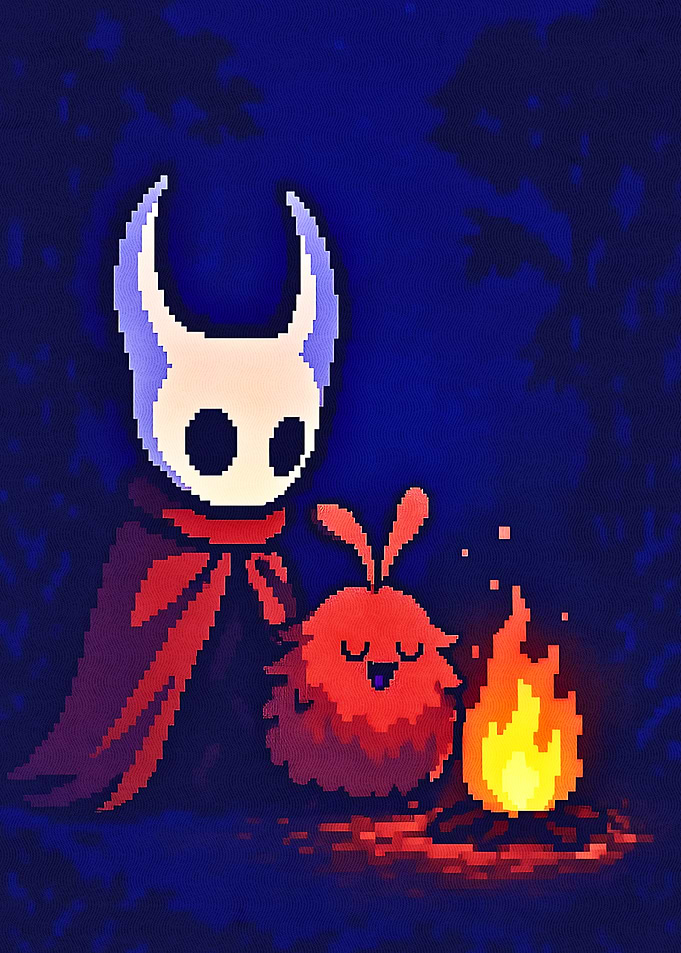 Hollow Knight and Grub by Campfire
