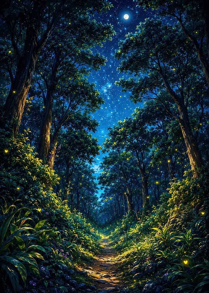 Enchanted Forest Path with Fireflies