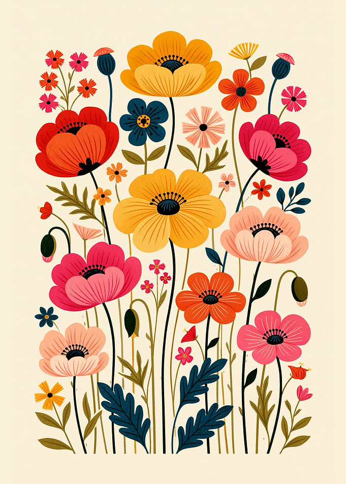 Vibrant Mid-Century Modern Floral Illustration