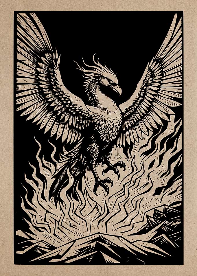 Woodcut Style Phoenix Rising