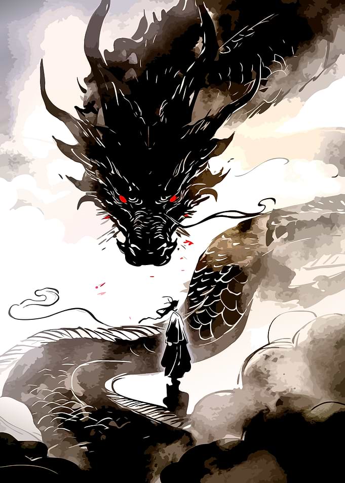 Warrior Facing a Giant Black Dragon
