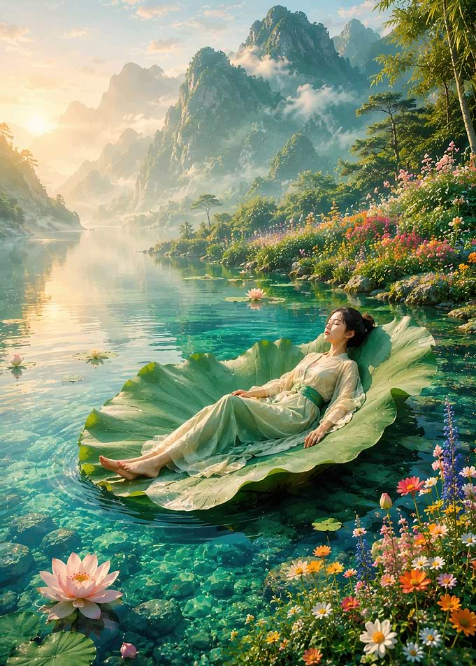 Woman Resting on Giant Lotus Leaf