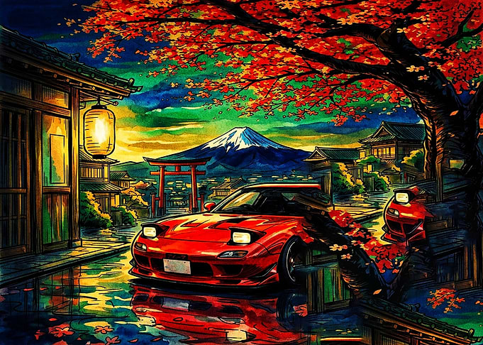 Red Mazda RX-7 by Mount Fuji