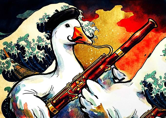 Goose Playing Bassoon with Great Wave