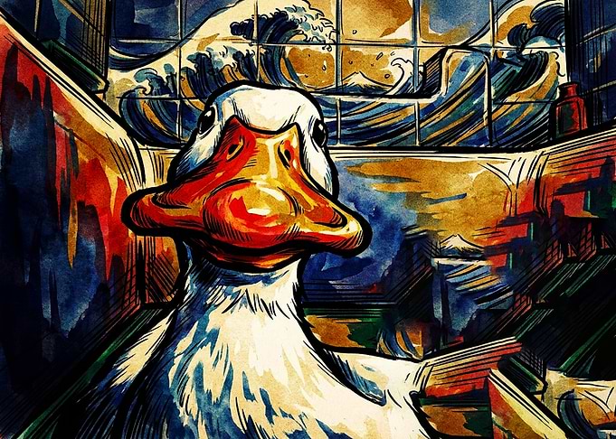 Duck with Great Wave Background