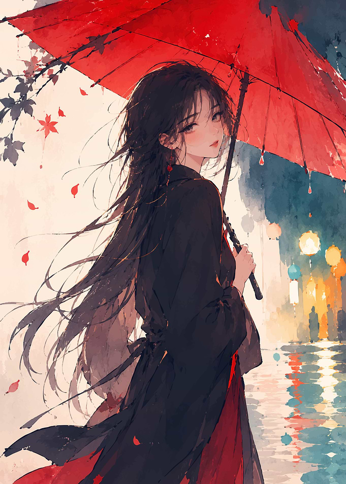 Anime Girl with Red Umbrella