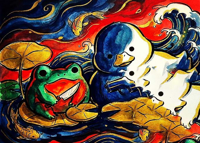 Armed Frog and Duck Pond Illustration