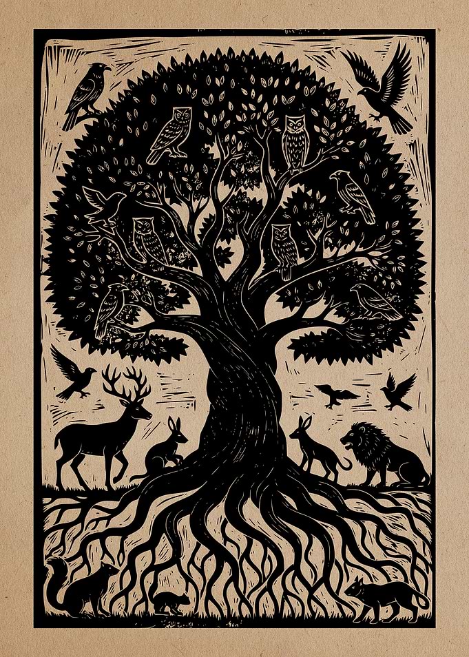 Woodcut Style Tree of Life Illustration