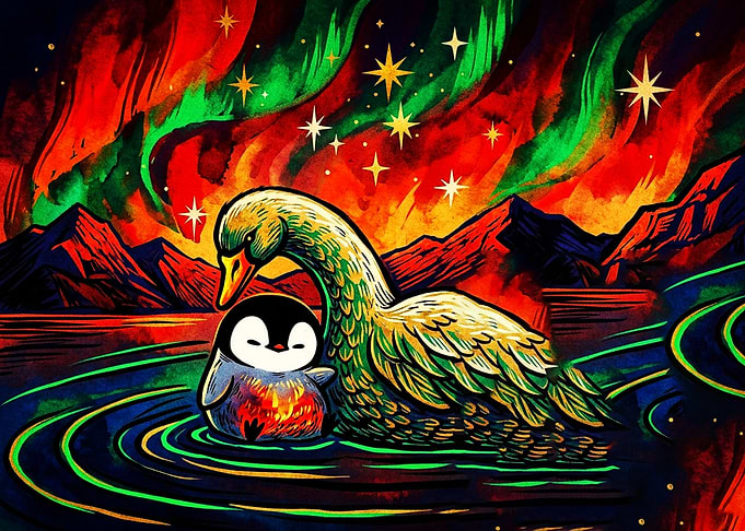 Swan and Penguin Under Aurora