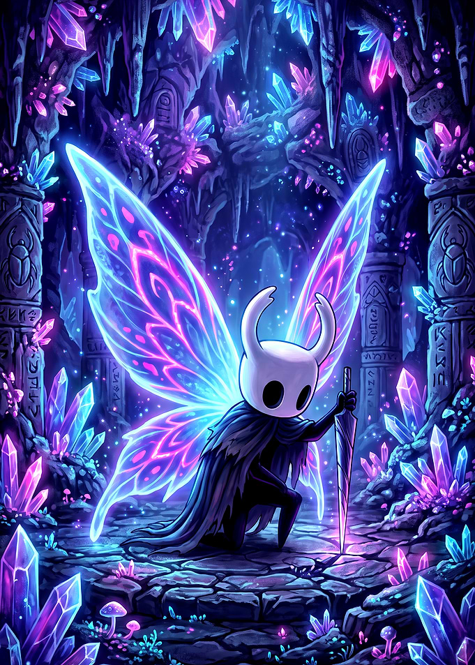 Hollow Knight with Glowing Wings