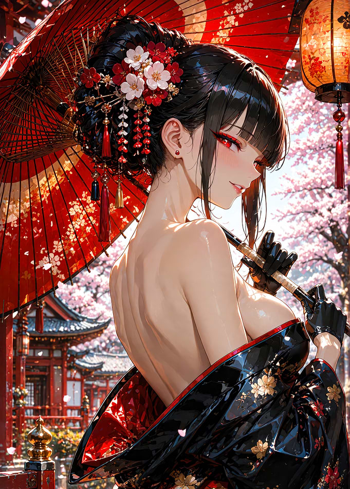 Elegant Anime Woman with Red Umbrella