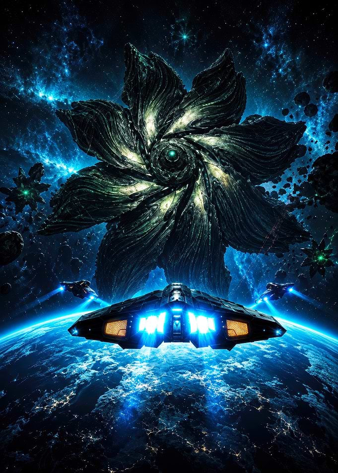 Spaceship Approaching Massive Alien Flower