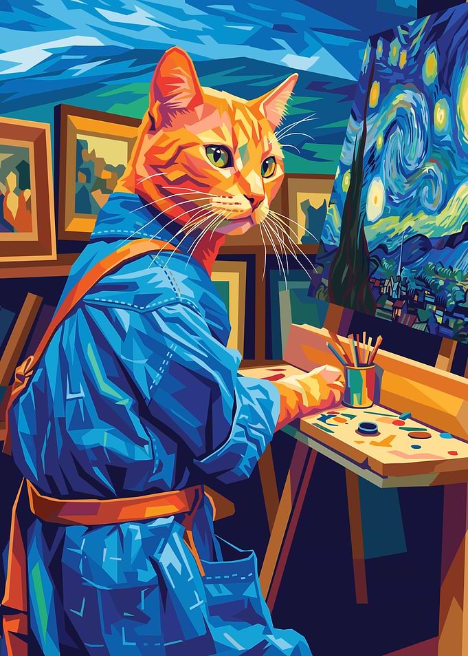 Ginger Cat Painting Starry Night