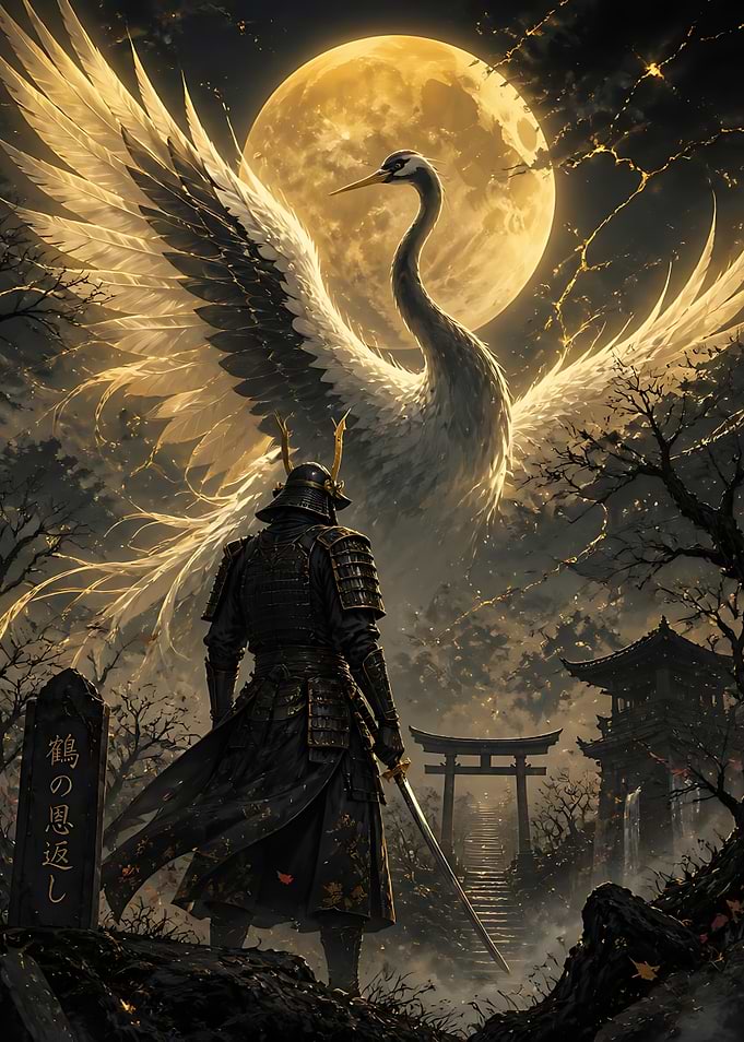 Samurai Facing a Giant Crane