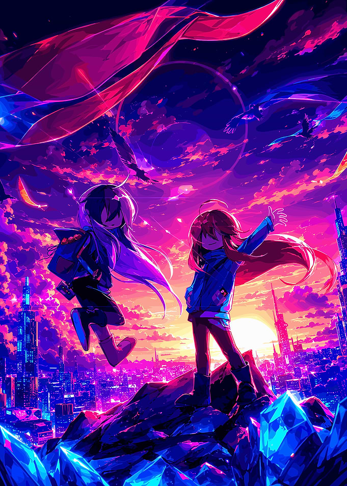 Anime Characters Over Neon Cityscape