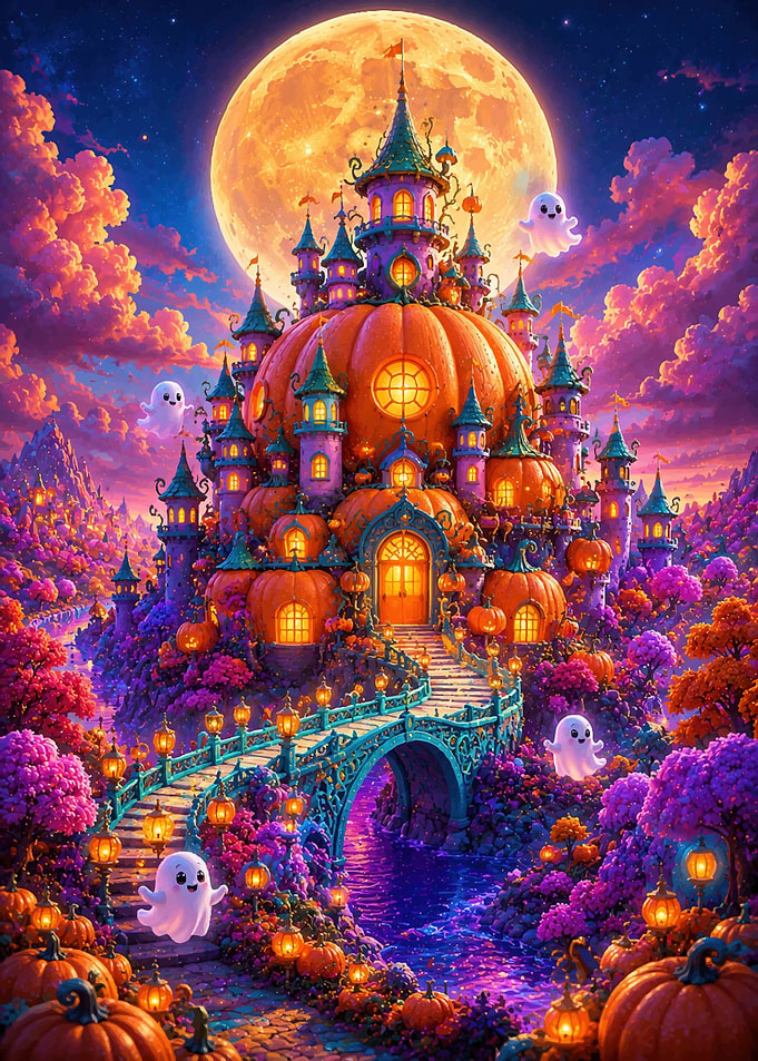 Magical Pumpkin Castle Halloween Scene