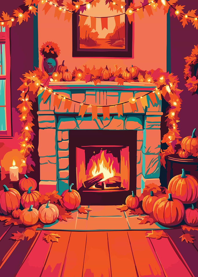 Cozy Autumn Fireplace with Pumpkins