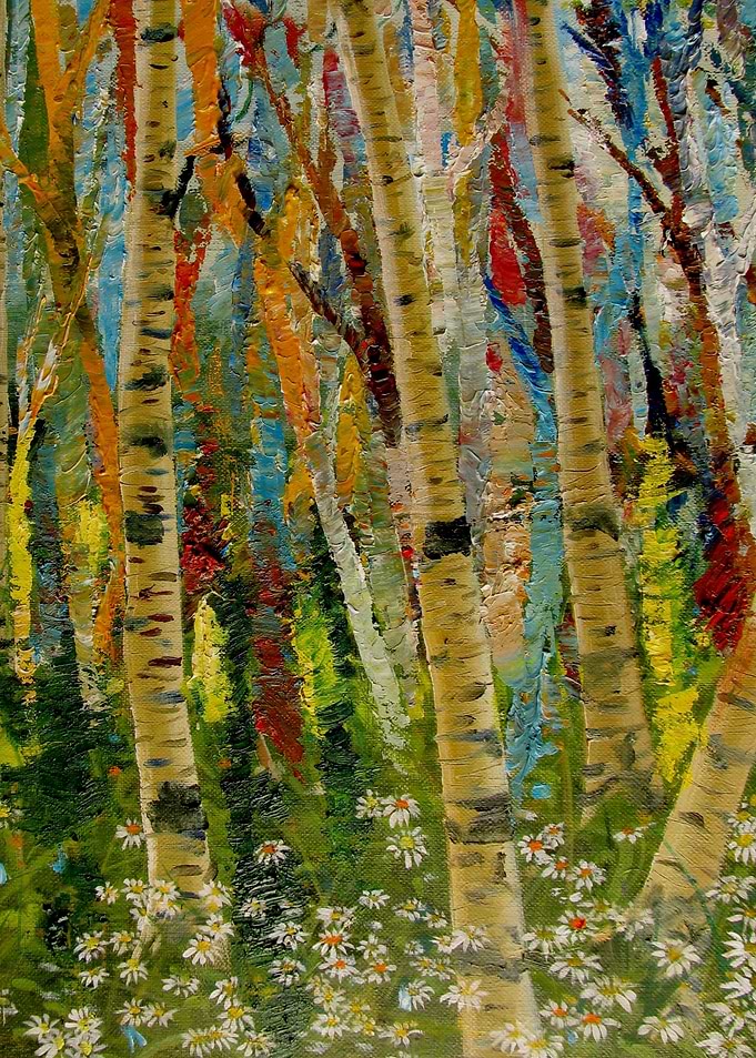 Impressionist Birch Forest with Daisies