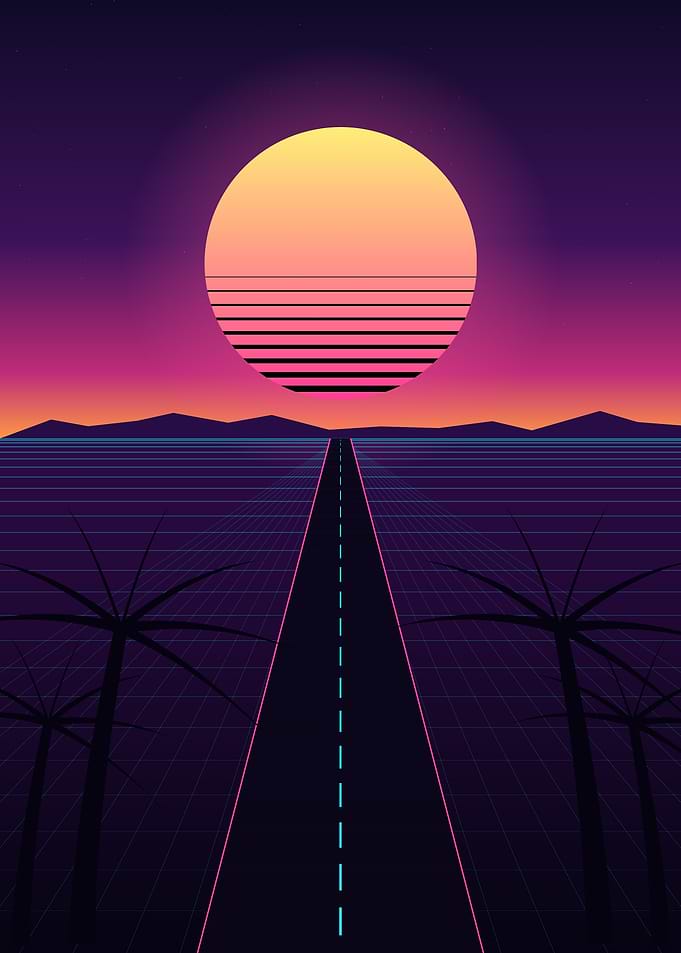Retro Synthwave Highway - 80s Outrun Sunset with Neon Grid and Palms