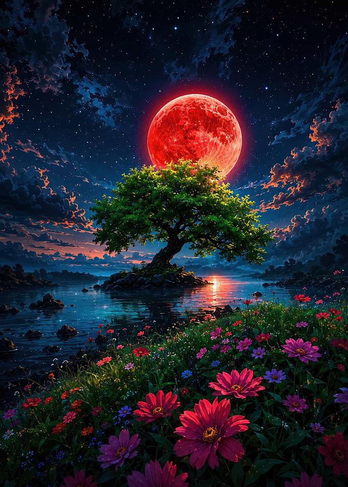Red Moon Over Magical Landscape