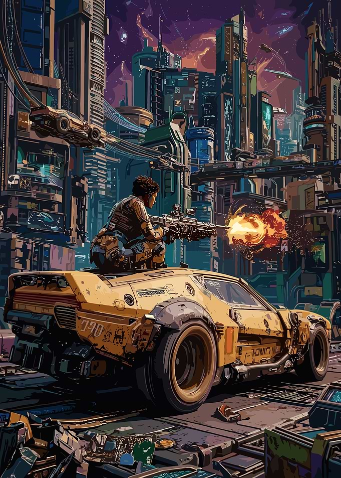 Cyberpunk Warrior on Yellow Muscle Car