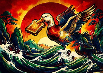Duck Flying with Toast Ukiyo-e Style