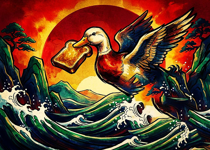 Duck Flying with Toast Ukiyo-e Style