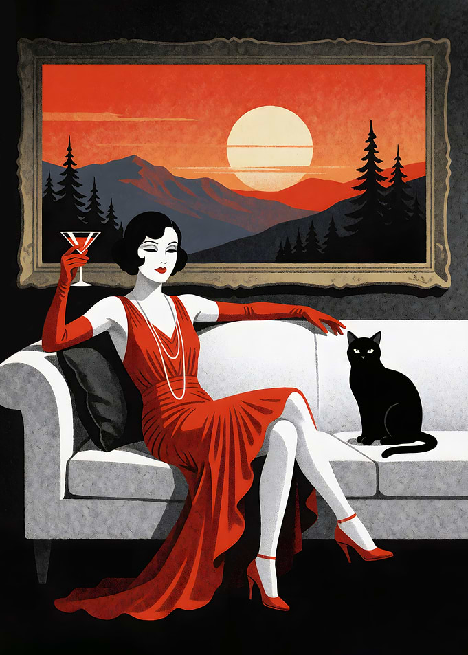 Elegant Art Deco Woman in Red with a Black Cat