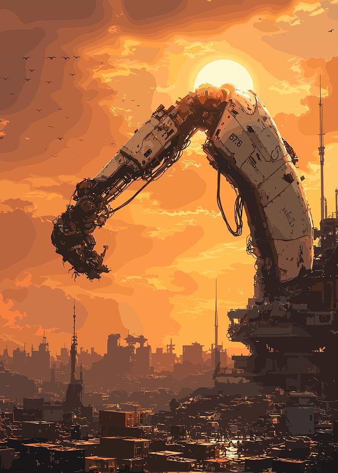 Giant Robotic Arm Over Cityscape