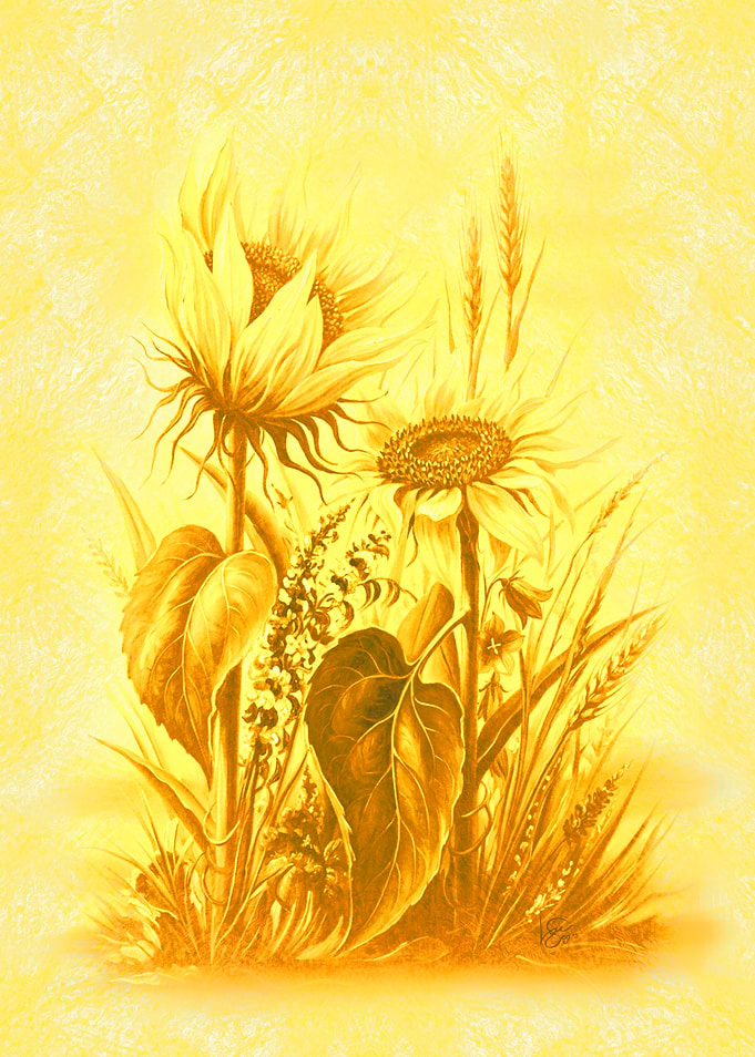 Golden Sunflowers and Wheat Illustration by Lou Segas
