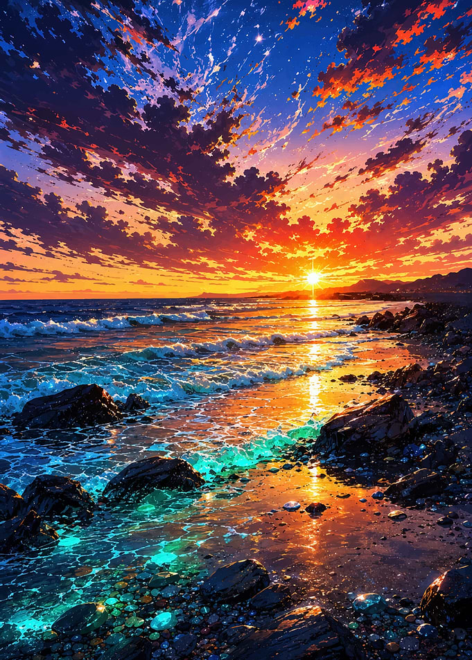 Vibrant Sunset Over Rocky Beach
