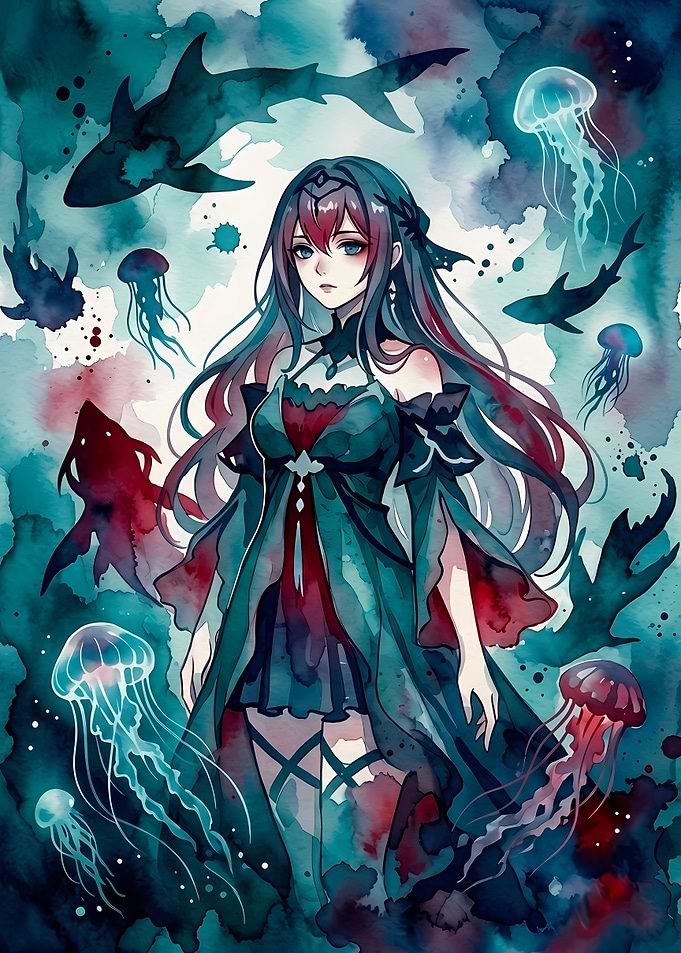 Anime Girl in Underwater Watercolor World