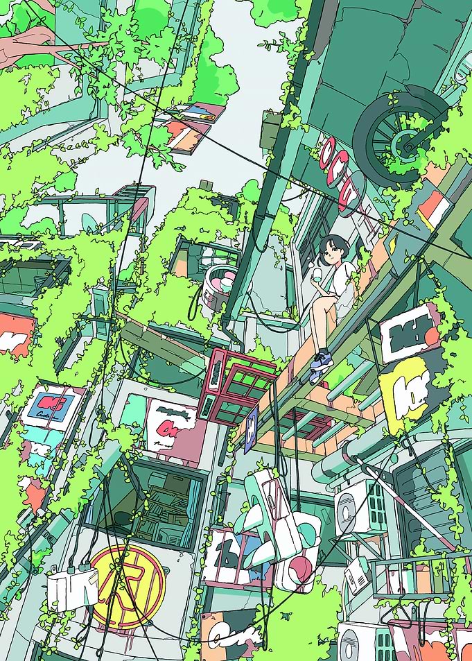 Anime Girl Relaxing in Overgrown City