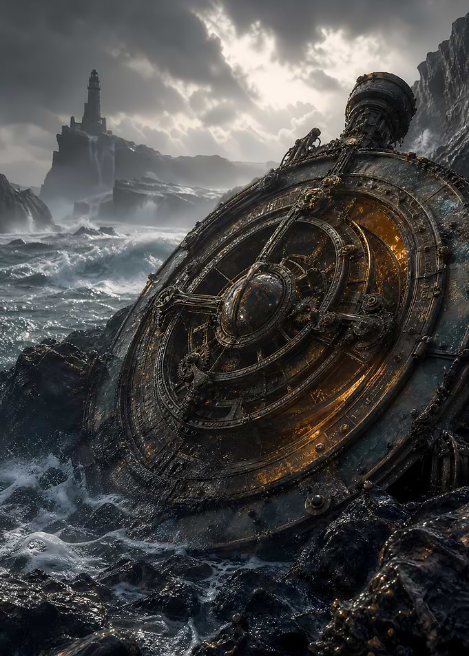 Ancient Clockwork Relic on Stormy Coast